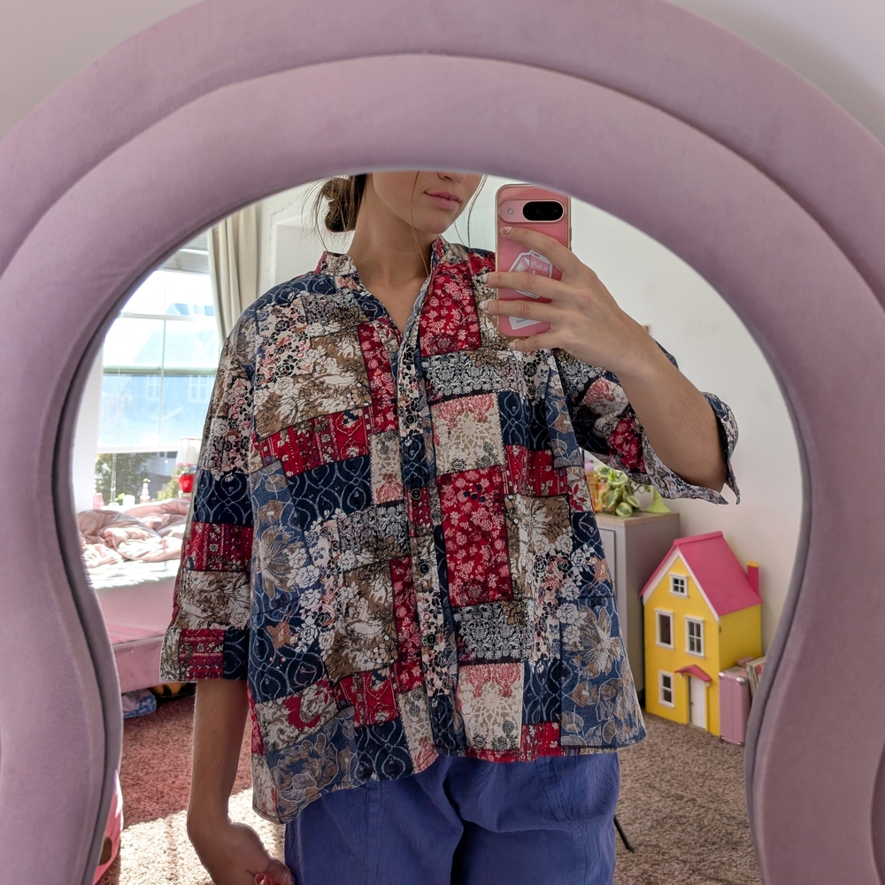 Multicolor Patchwork Button-Up Blouse Size 2x - image 1